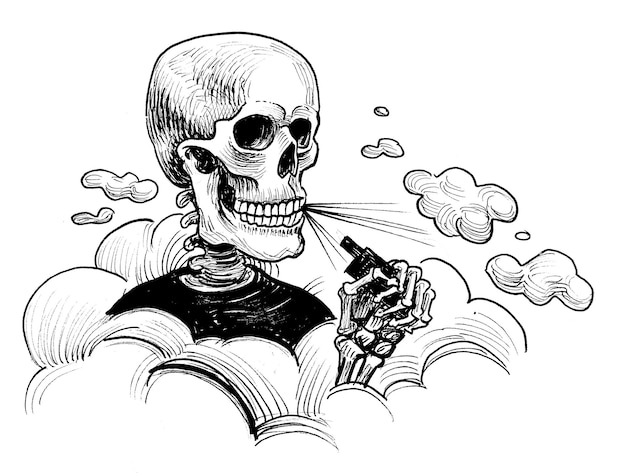 A drawing of a skeleton blowing smoke in the air.