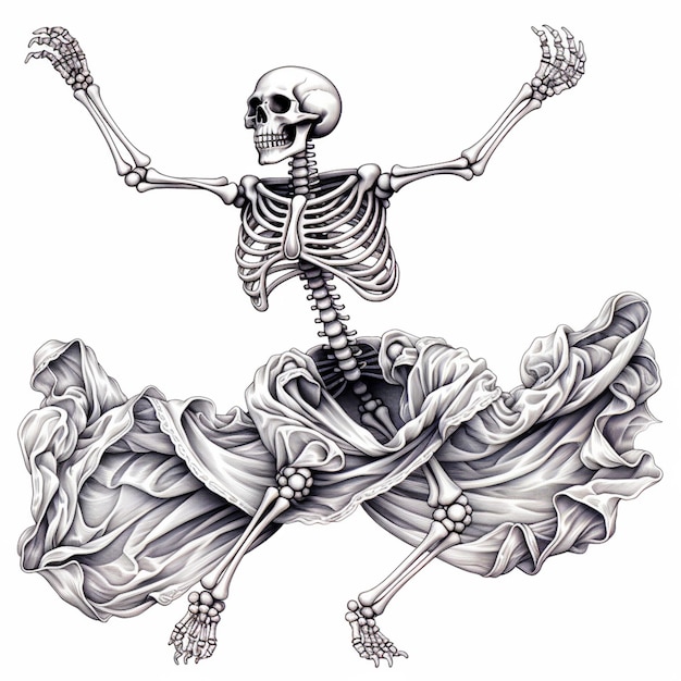 a drawing of a skeleton in a dress with arms outstretched generative ai