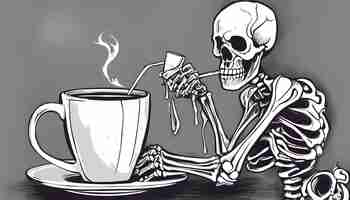 Photo a drawing of a skeleton drinking from a cup of coffee