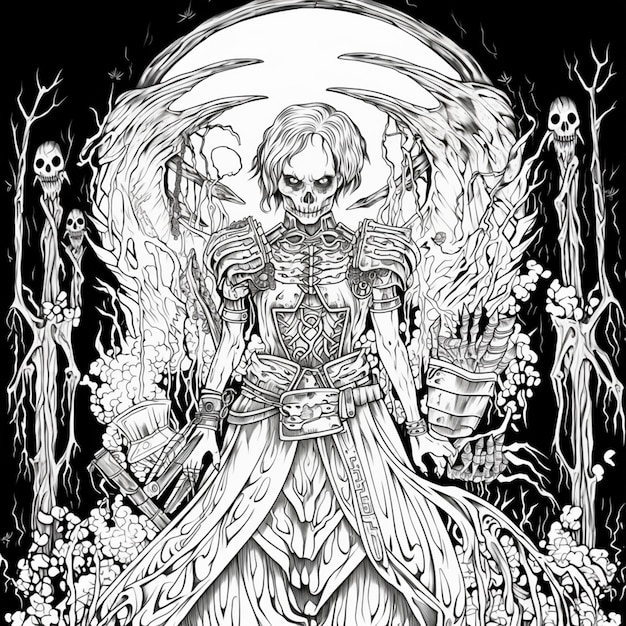 a drawing of a skeleton girl with a scythe and a skull generative ai