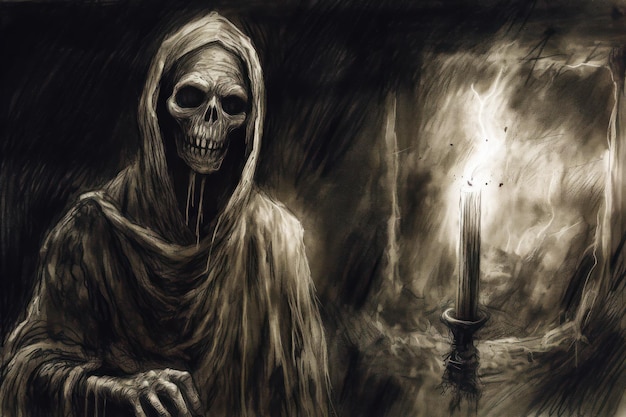 Drawing of skeleton holding lit candle in dark room with smoke coming out of it Generative AI