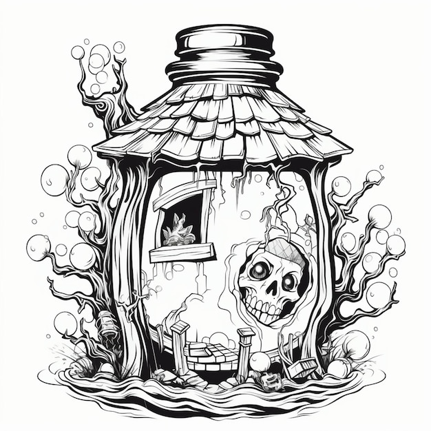 A drawing of a skeleton in a jar with a skeleton inside generative ai