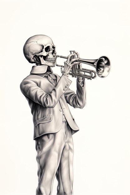 Photo a drawing of a skeleton playing a trumpet with a skull and a skull