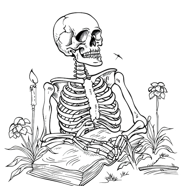 a drawing of a skeleton sitting in a book with a book in it