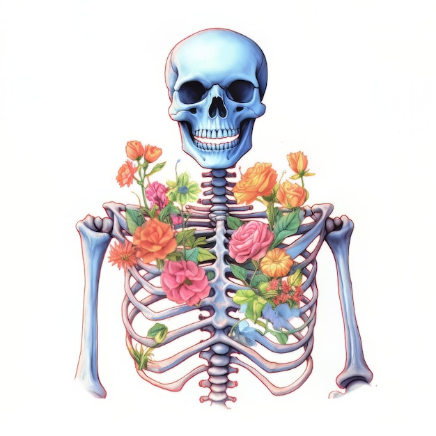 Рисунок скелета с цветами внутри.