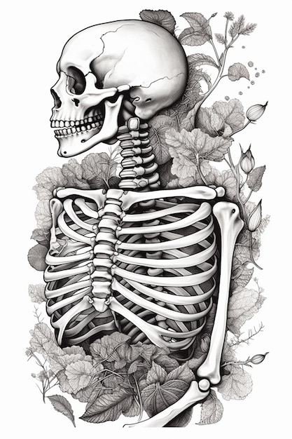 Photo a drawing of a skeleton with a skeleton head and a skeleton torso ai generative