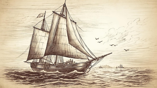 Рисование эскиза старинного корабля парусника Генеративный AI