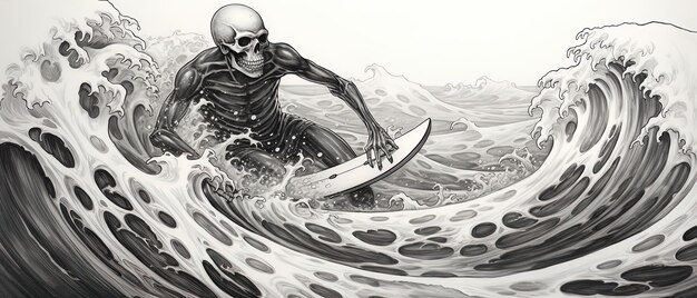 Photo a drawing of a skull and bones on a surfboard