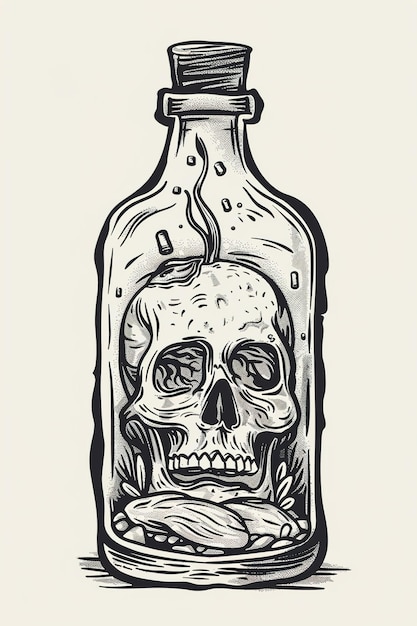 a drawing of a skull in a bottle with a bottle of milk