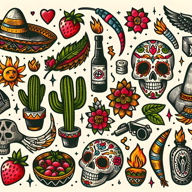 a drawing of a skull cactus and other items