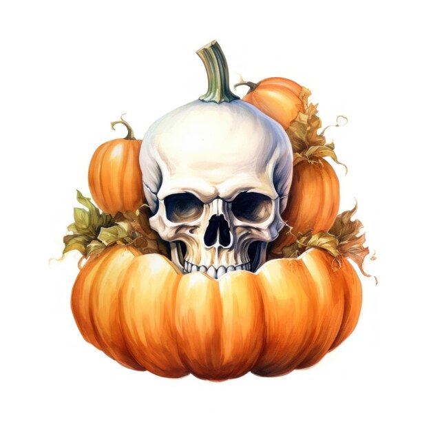 a drawing of a skull and pumpkins with a pumpkin in the top.