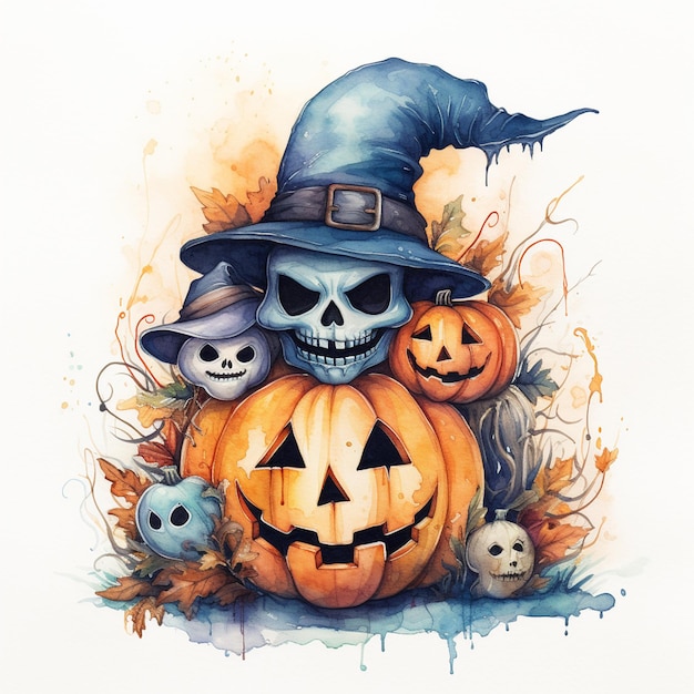 A drawing of a skull and pumpkins with a witch hat on it.