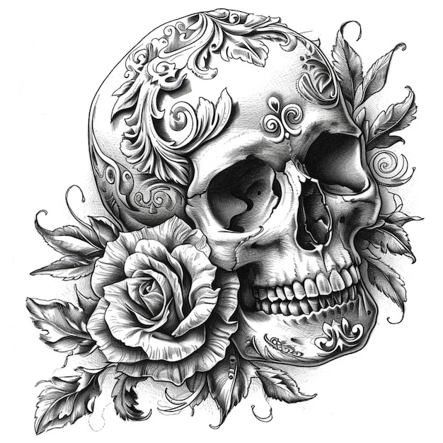 Photo a drawing of a skull and roses on a white background generative ai