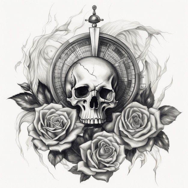 a drawing of a skull and roses with a knife in the middle generative ai