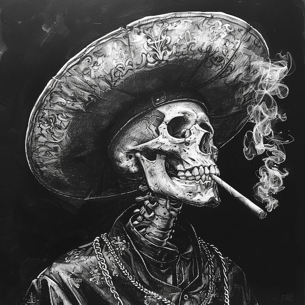 Foto un disegno di un cranio che fuma una sigaretta