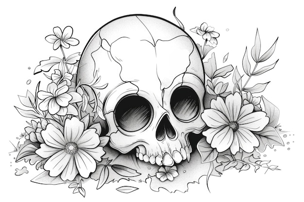 Photo a drawing of a skull surrounded by flowers