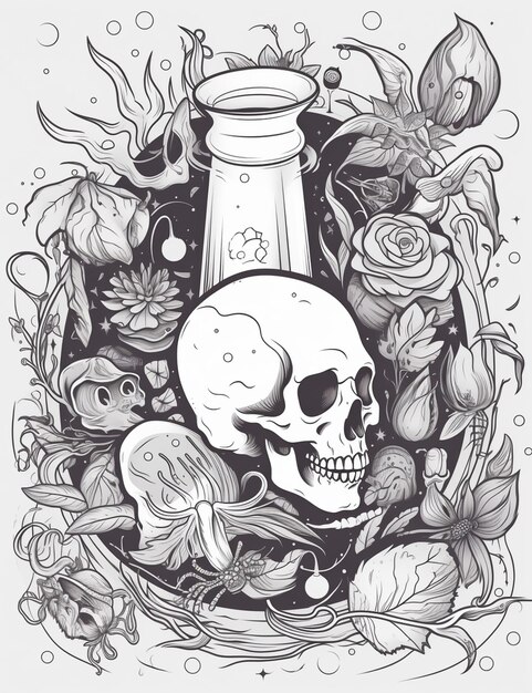 A drawing of a skull and a vase with flowers generative ai
