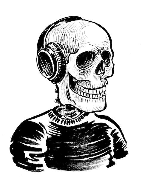 A drawing of a skull wearing a headphones Handdrawn ink on paper black and white drawing