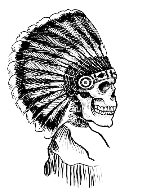 A drawing of a skull wearing an indian feather headdress.