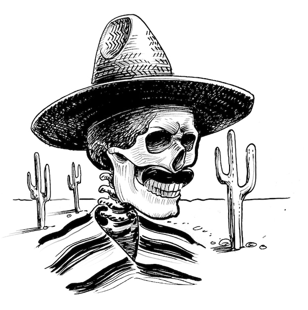 A drawing of a skull wearing a sombrero and a hat.