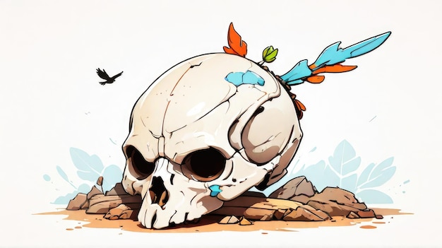 a drawing of a skull with a blue and orange feather on it