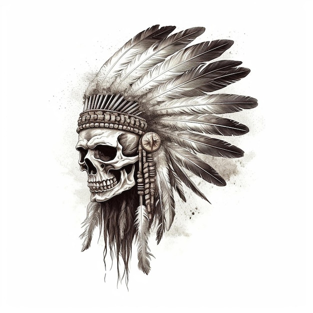 a drawing of a skull with a feather on it