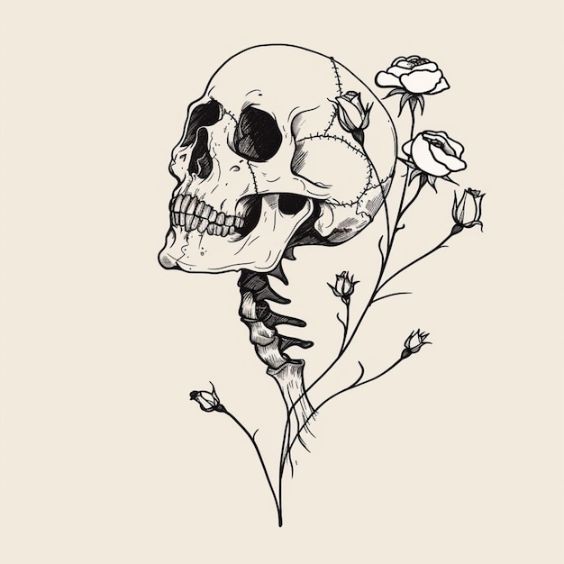 Photo a drawing of a skull with a flower in its mouth generative ai