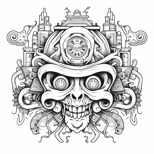 a drawing of a skull with a helmet and a clock on it generative ai