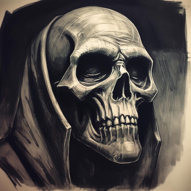 A drawing of a skull with a hood