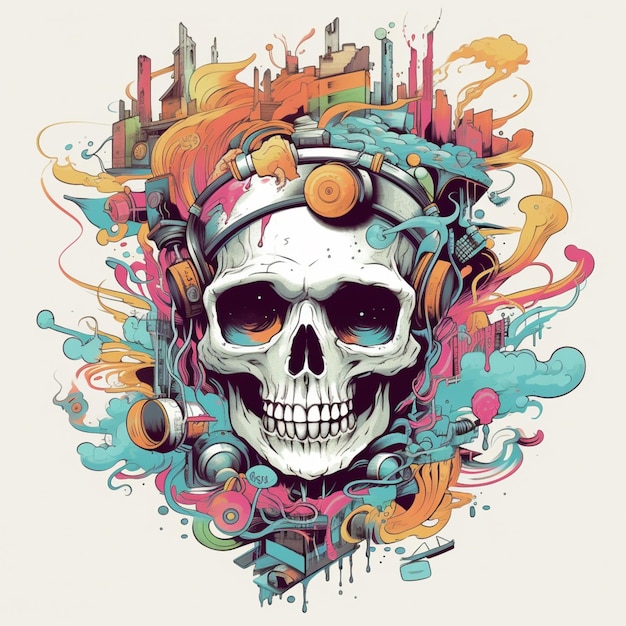 A drawing of a skull with a lot of things on it