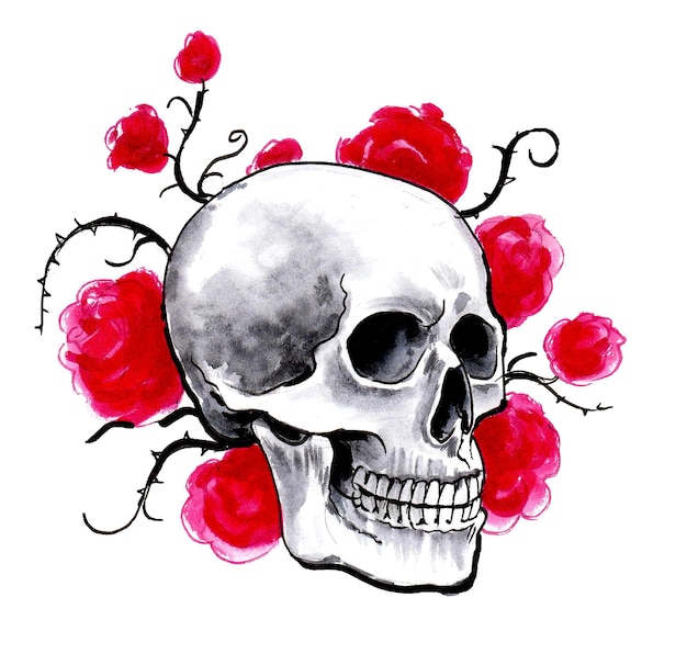 A drawing of a skull with red roses on it