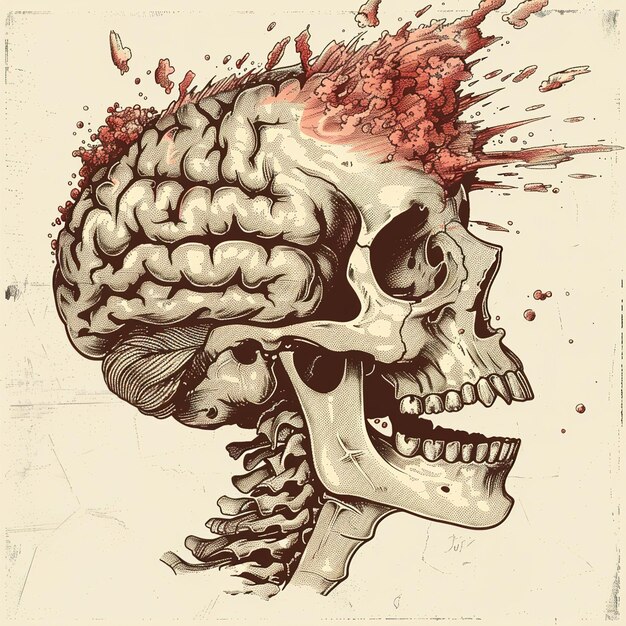 a drawing of a skull with a red spray of firework on it