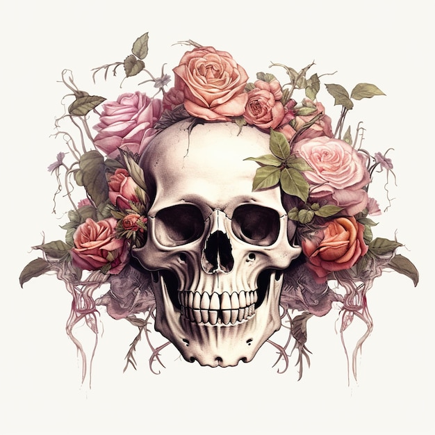 Рисунок черепа с розами вокруг него, генеративное изображение ai