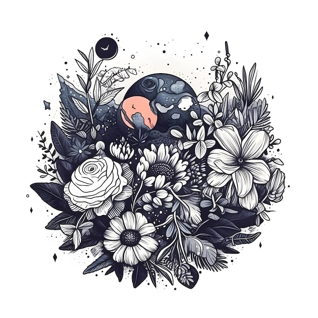 A drawing of a sleeping baby in a bouquet of flowers.