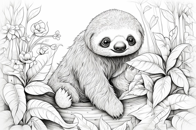 a drawing of a sloth sitting on a log surrounded by plants generative ai