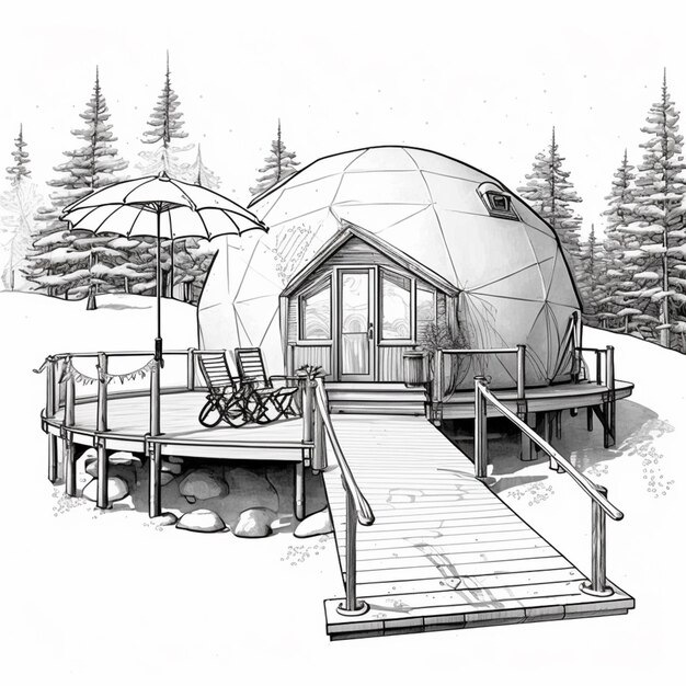 a drawing of a small house with a deck and a patio generative ai