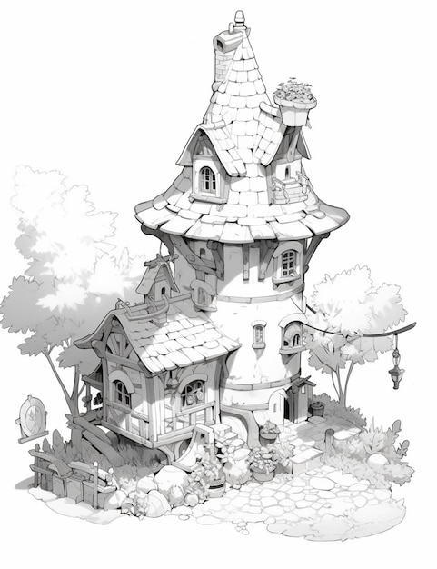 a drawing of a small house with a roof and a chimney generative ai