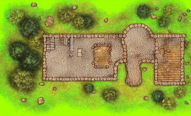 a drawing of a small house with a stone pathway and a gate