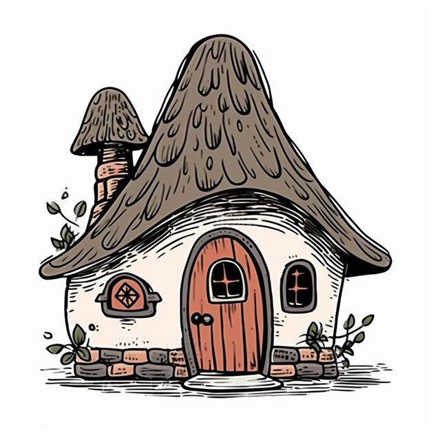 a drawing of a small house with a thatched roof generative ai