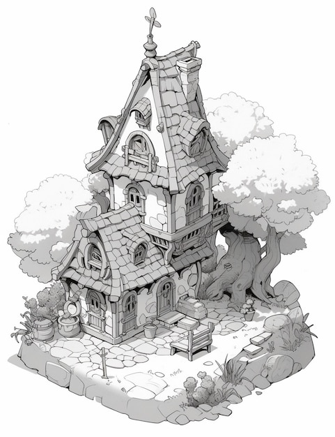 рисунок небольшого дома с деревом и скамейкой, генеративный ai