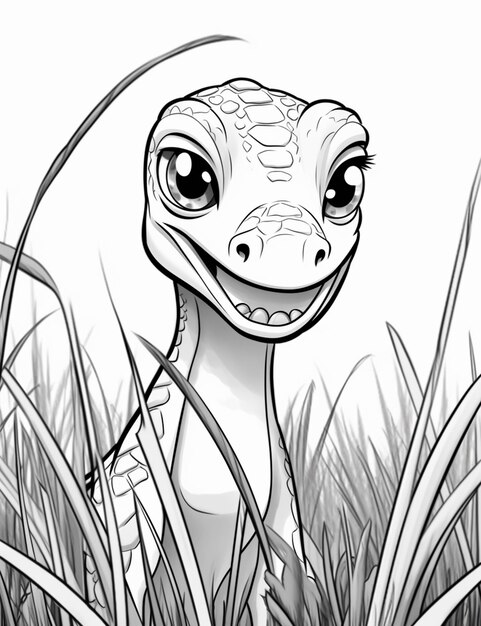 A drawing of a small lizard in the grass with a big smile generative ai