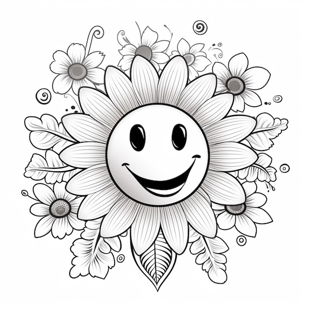 a drawing of a smiling sunflower surrounded by flowers and leaves generative ai