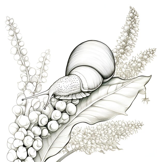 a drawing of a snail with a leaf that says snail on it