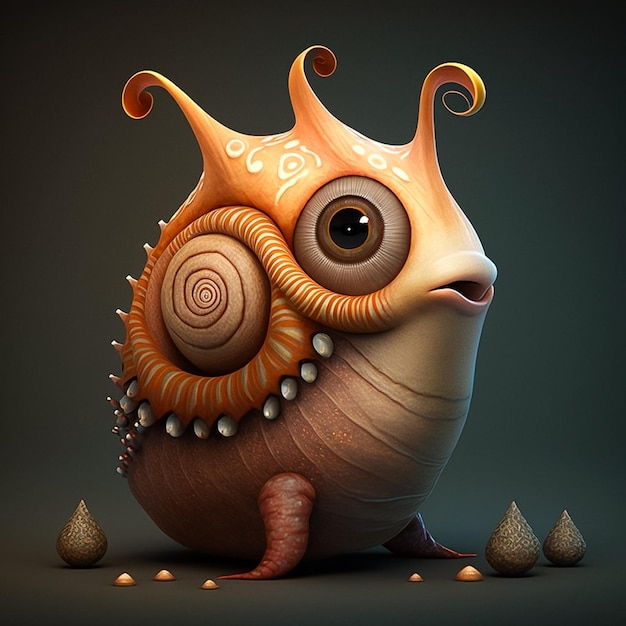 A drawing of a snail with a snail face.