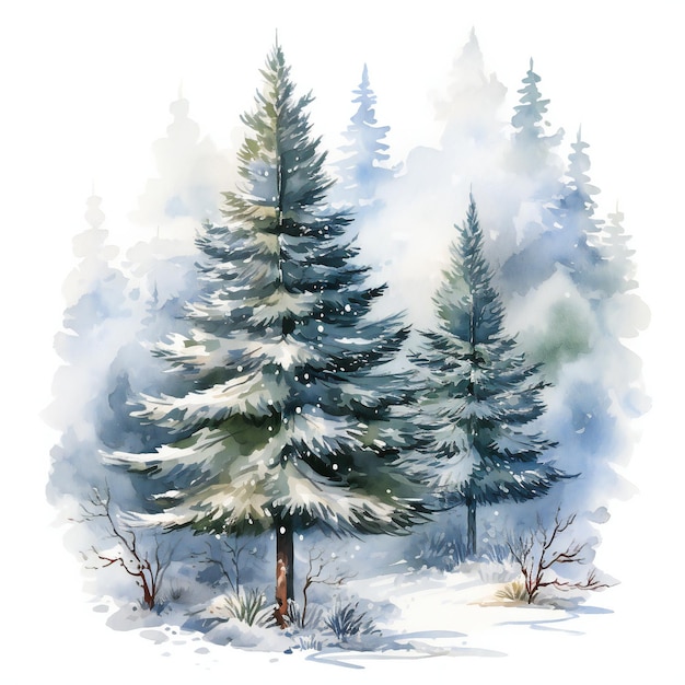 рисунок снежно покрытого вечнозеленого дерева со снегом на нем.