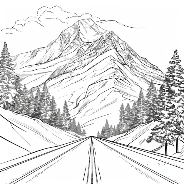 Photo a drawing of a snow covered mountain with trees and mountains in the background