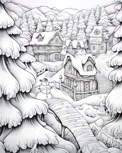 Photo a drawing of a snow covered village with a man in a snow suit