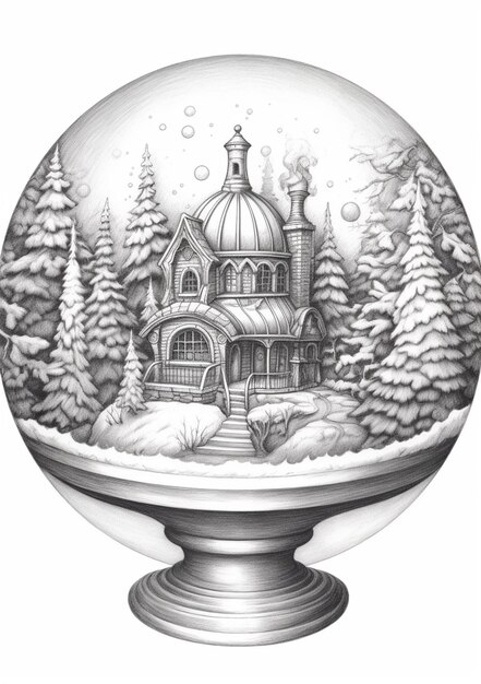 a drawing of a snow globe with a house in it generative ai