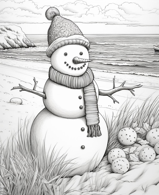 Photo drawing of a snowman on the beach with a hat and scarf generative ai