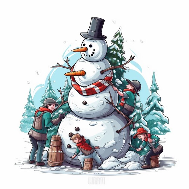 A drawing of a snowman with a boy in a red top and a red scarf.